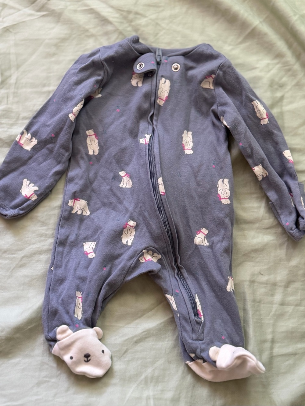 Gray Polar Bear Print Cozy Zip Front Baby One-Piece